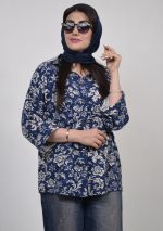شومیز پیچک فری سایز رنگ کرم و آبی تیره